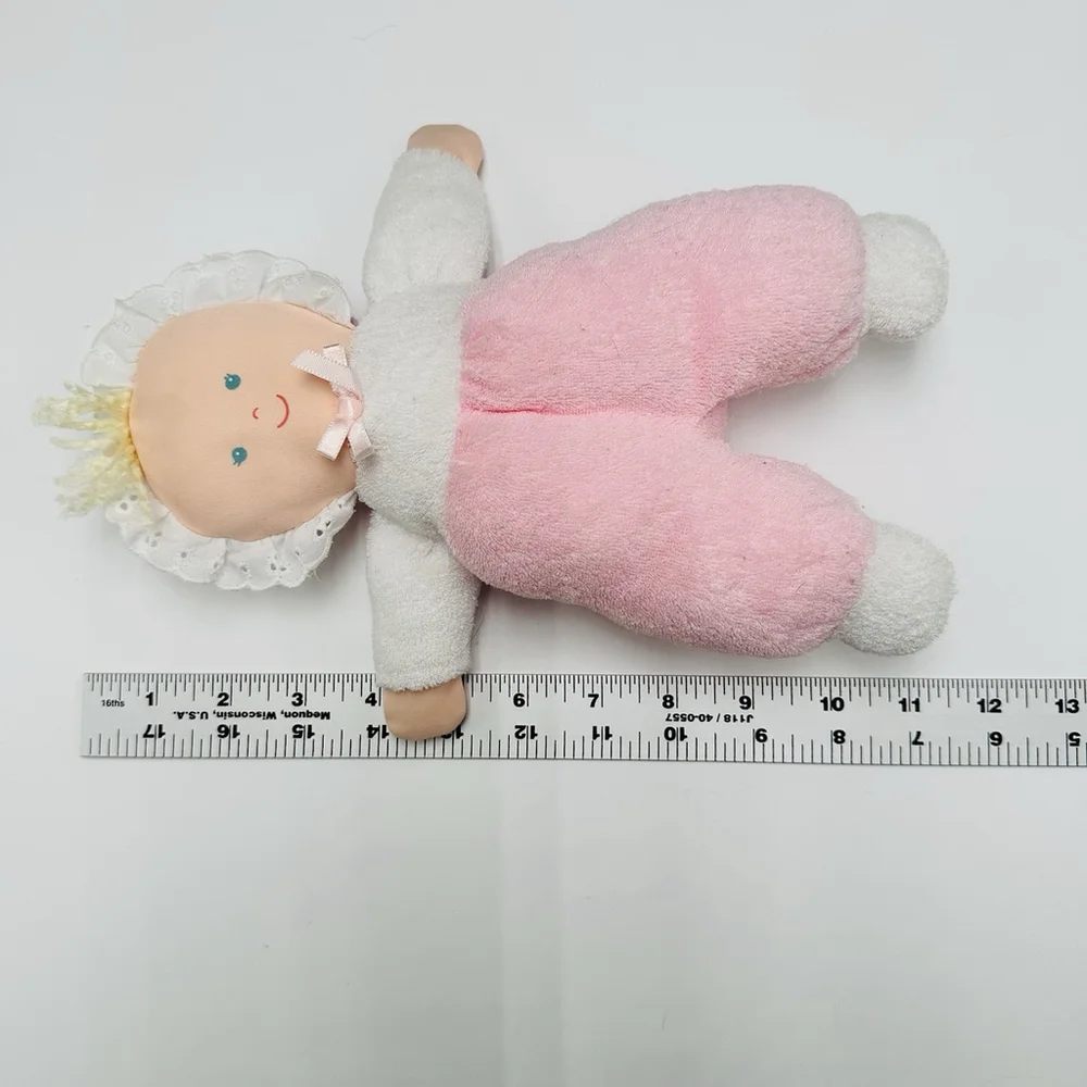 Vintage Eden Pink White Doll Terry Cloth Blue Eyes Bonnet Lace Soft Plush 10”Toy - Picture 11 of 11